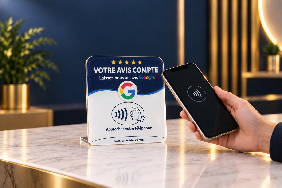 Mockup de la plaque AvisTouch blanche, bleue et or et d’un smartphone près du symbole NFC