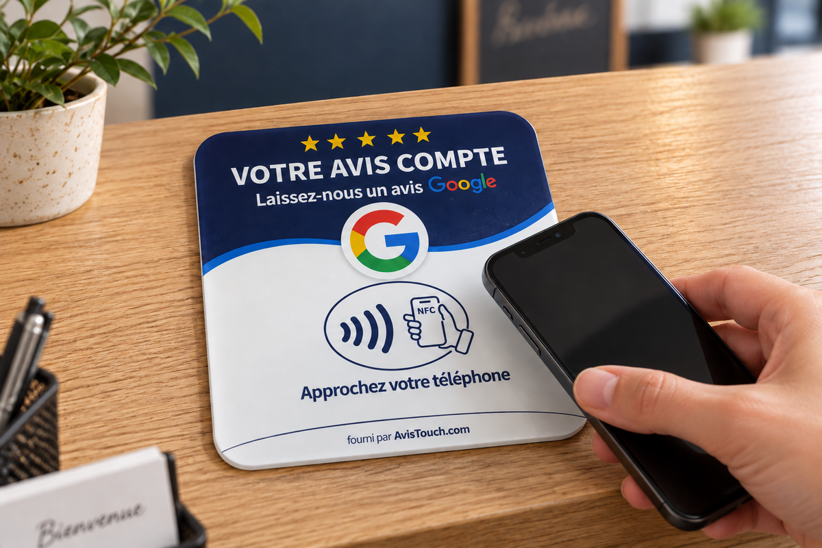 Visuel de présentation de la plaque NFC AvisTouch sur un comptoir